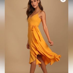 Manhattan Moment Bright Orange Ruffled Midi Wrap Dress